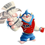 Monster in a letter jacket holding tickets