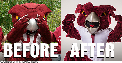 Temple mascot Hooter the owl with a sad face with text 'before' and a happy face with text 'after'