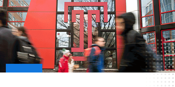 Several photos of Temple's campus including the Philadelphia skyline, students cheering at a sporting event, and tall buildings.