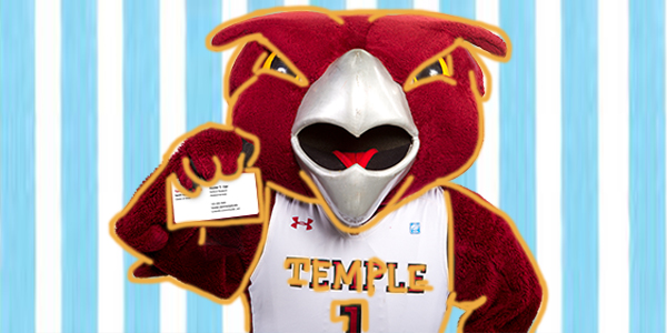 Temple mascot, Hooter, holding a business card.