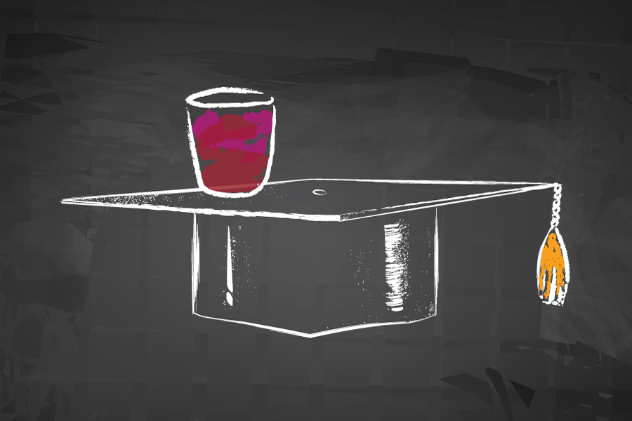Illustration of a drink resting on a graduation cap.