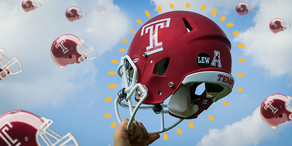 A large Temple football helmet and smaller helmets in the sky.