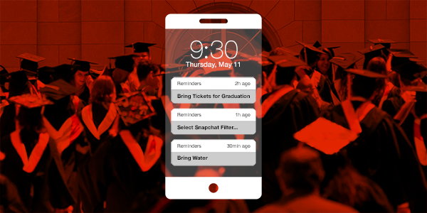 An illustration of an iPhone with reminders in front of a graduation photo.