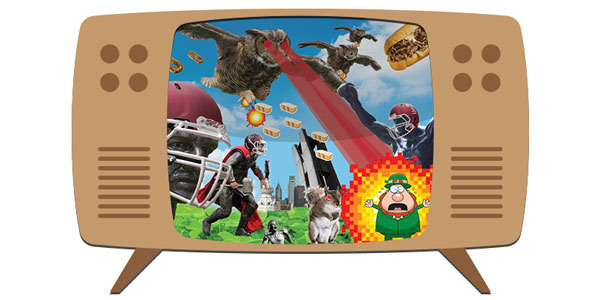 An illustration of a TV with Owls attacking a leprechaun on the screen. 