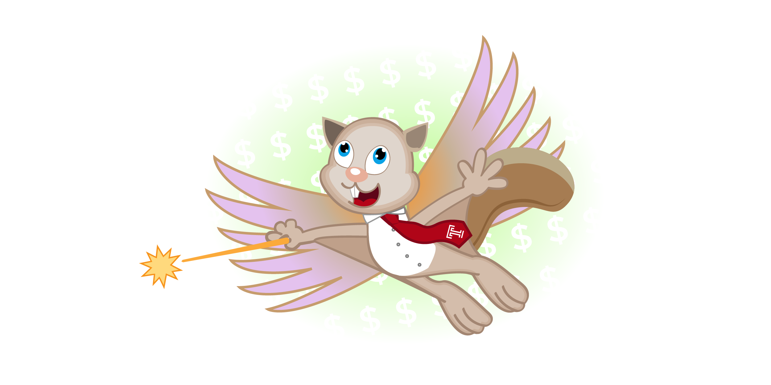 An illustration of a squirrel fairy wearing a tie with money signs in the background. 