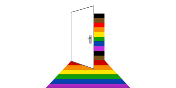 A GIF showing rainbow colors flowing out of an open door.