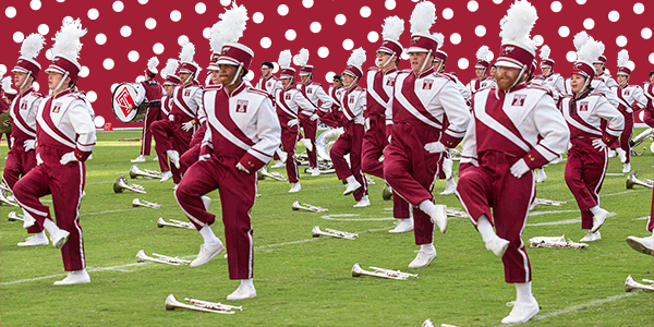 An animated image of the Diamond Marching Band dancing on a football field.