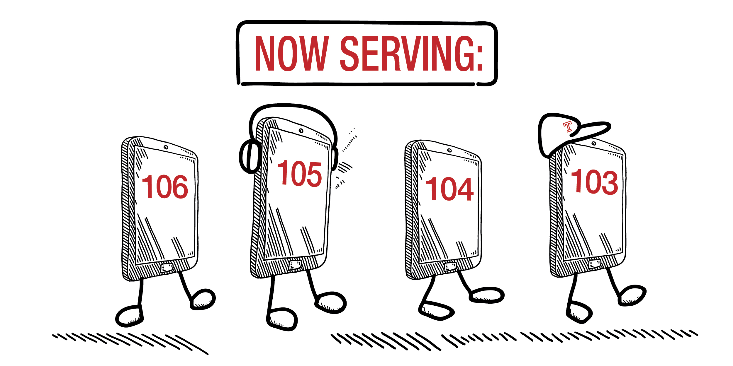 An illustration showing four cell phones waiting in line, a banner above that reads ‘now serving.’ 