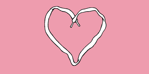 A moving illustration of a shoelace forming into a heart.