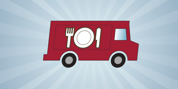 A moving illustration of a red food truck with icons of food on its side.