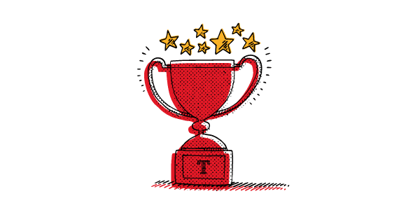 An illustration of a trophy with a “T” on its base.