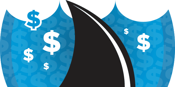 An illustration of a shark fin in water with dollar signs.