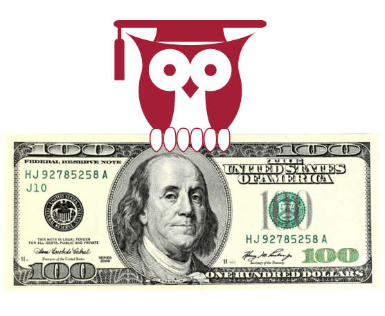 Owl illustration holding a one hundred dollar bill