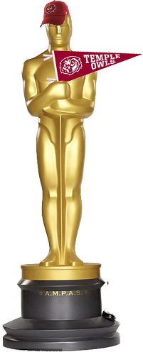 Oscar award with a Temple hat and Temple flag