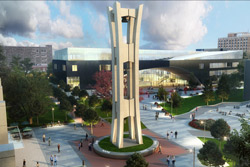 A rendering of the Bell Tower with the landscaped circle around the base. 