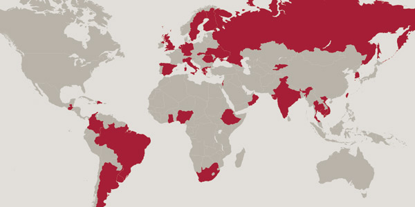 World map with Temple Fulbright countries highlighted