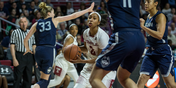 Temple’s women’s basketball players on the court. 
