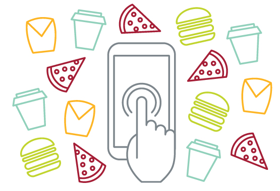 An illustration of a hand tapping a phone and food items surrounding it.