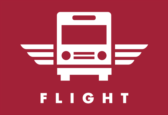 An illustration of a bus with wings reading, Flight.