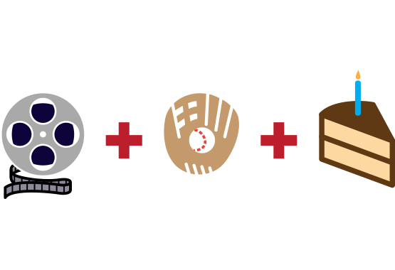 An illustration of a film reel, baseball glove and cake slice.