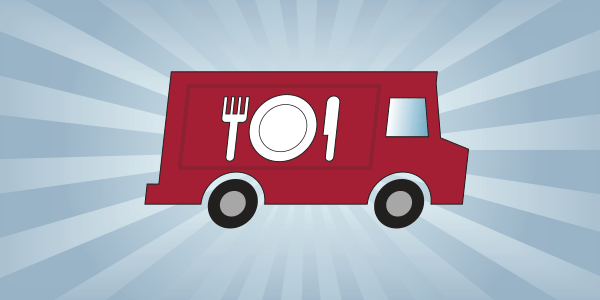 An illustration of a red food truck with a fork, plate and knife.