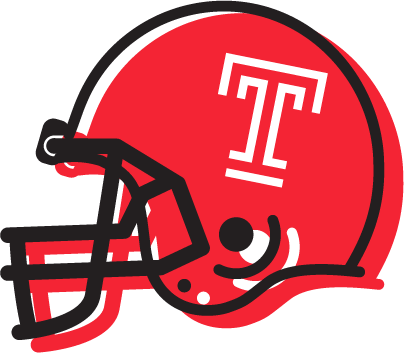An illustration of a football helmet with the Temple T