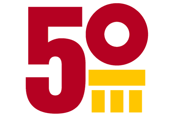 A moving illustration of “50” with various objects replacing the zero.