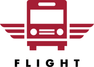 A red and white graphic of a bus with wings.