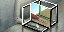 An illustration of a person trying mirror therapy.
