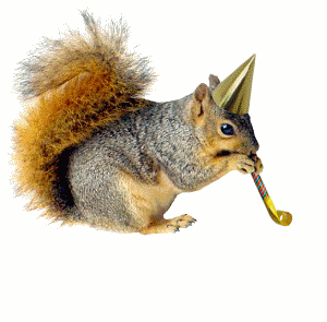 A squirrel in a party hat with a party blowout.