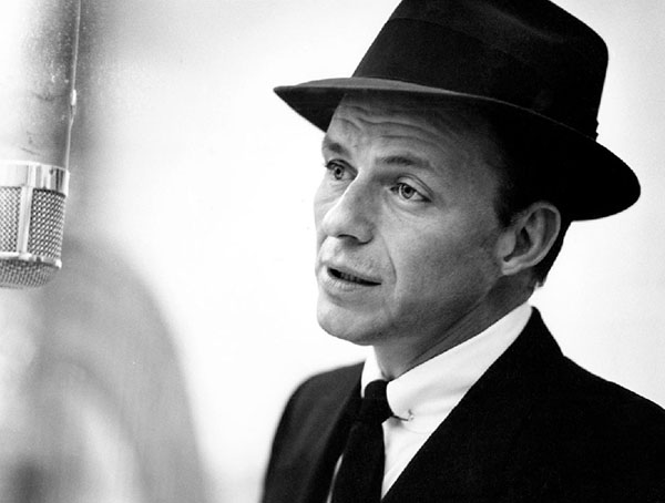 Black and white photo of Frank Sinatra.