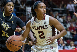 A Temple women’s basketball player dribbling the basketball.